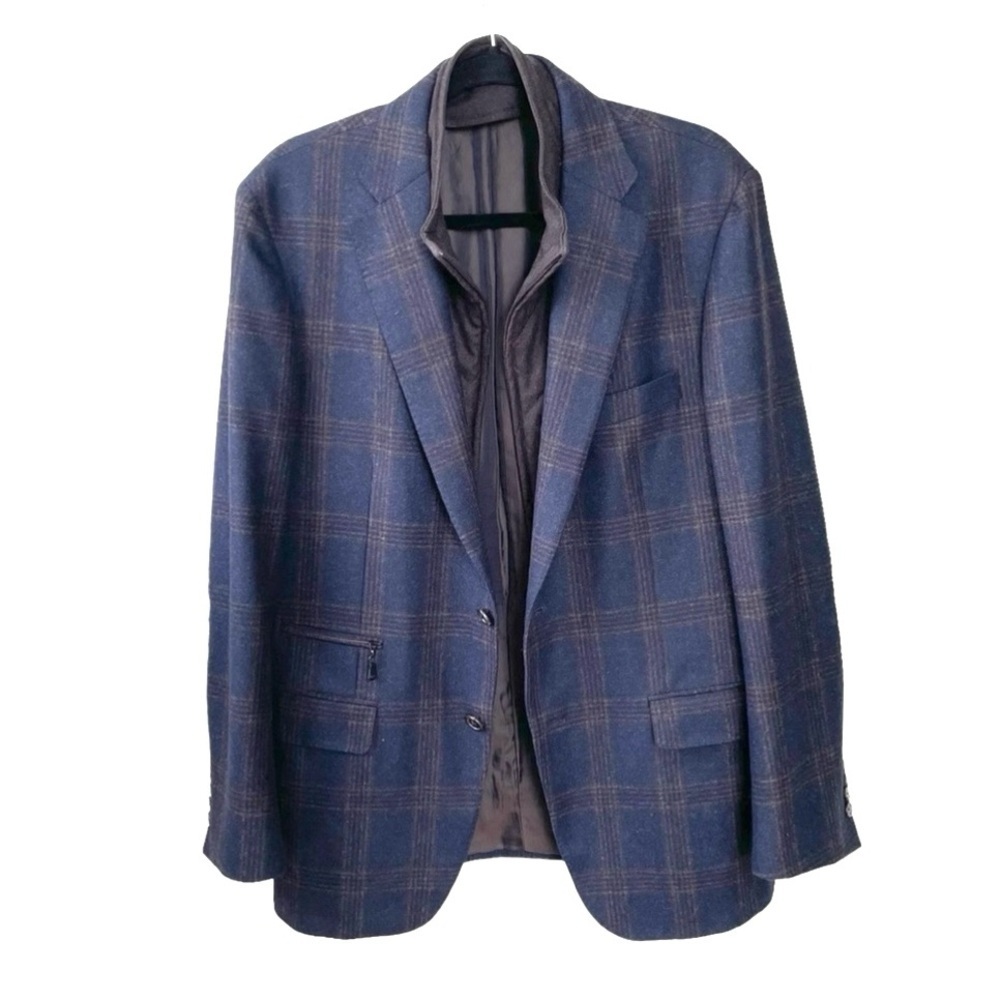 SAMUELSOHN Navy Blue Brown Wool Windowpane Blazer 42R
